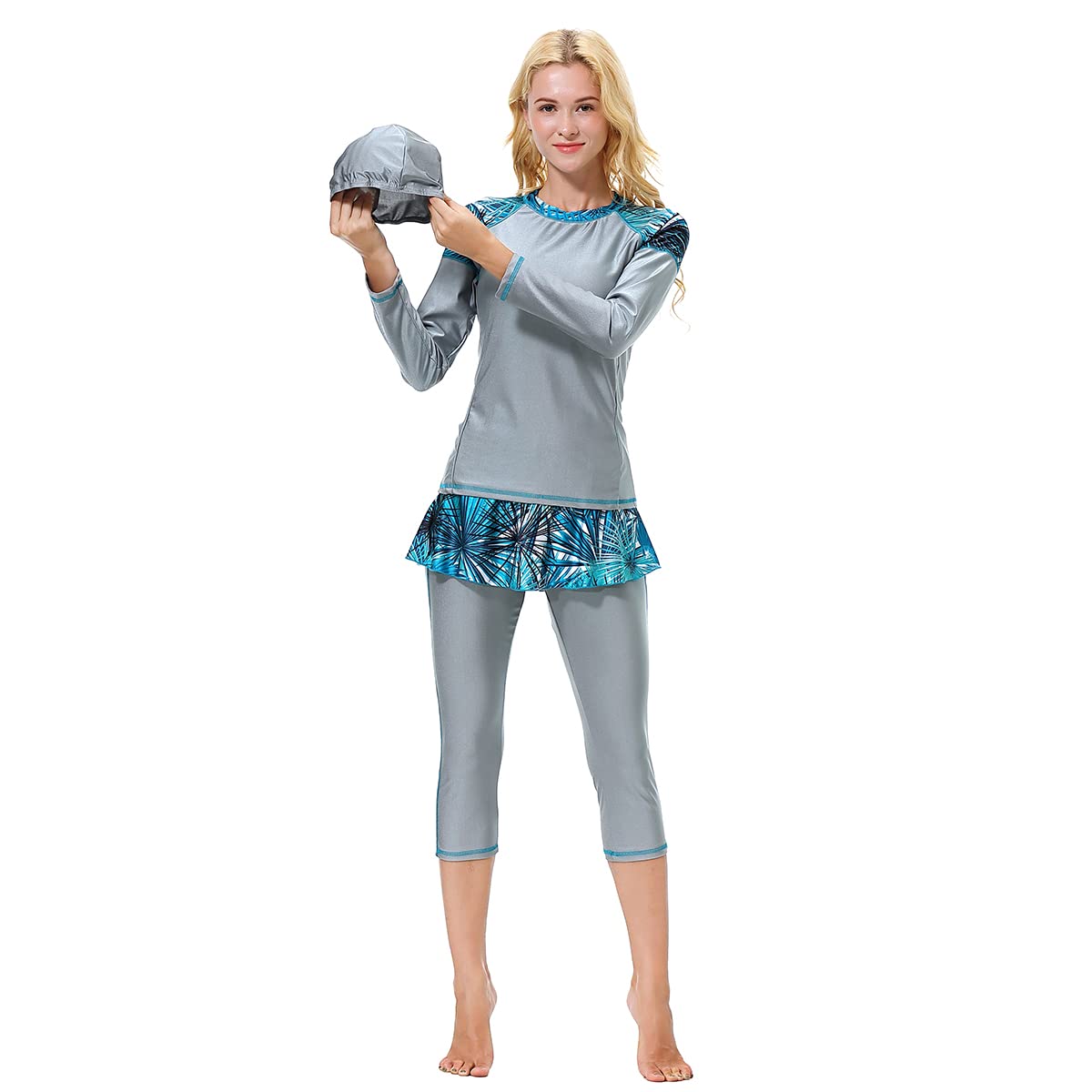 Burkini Swimsuits for Women Modest Muslim Swimsuit Islamic Swimwear Long Sleeve Burkinis Full Cover Hijab Swim Tops Pants Skirted Leggings Capris Swim Cap Wetsuit 3 Piece Bathing Suits Grey 3XL
