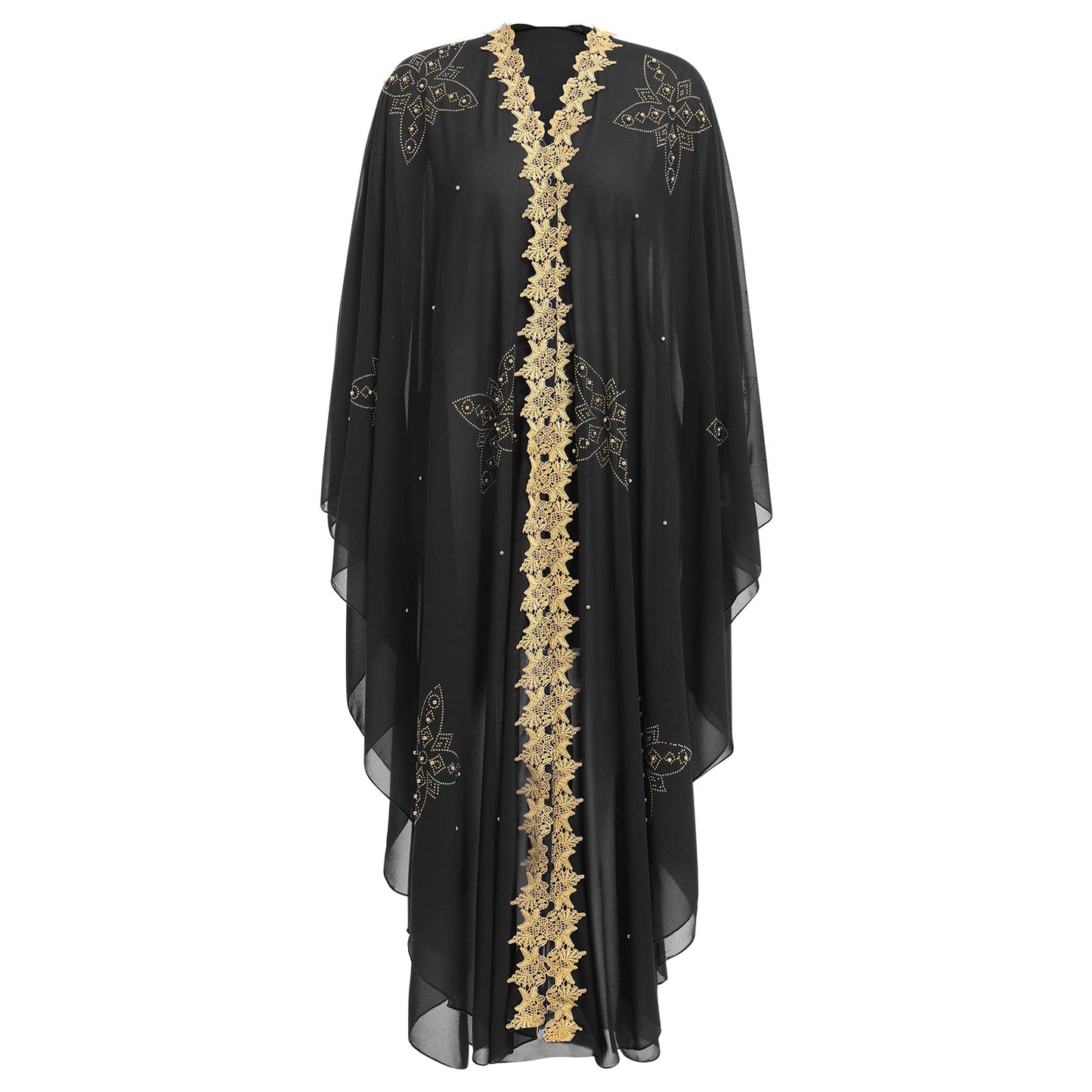 Women Muslim Cardigan Hijab Dress Batwing Hot Drilling Chiffon Kimono Islam Kaftan Robe African Dresses Black 01 One Size