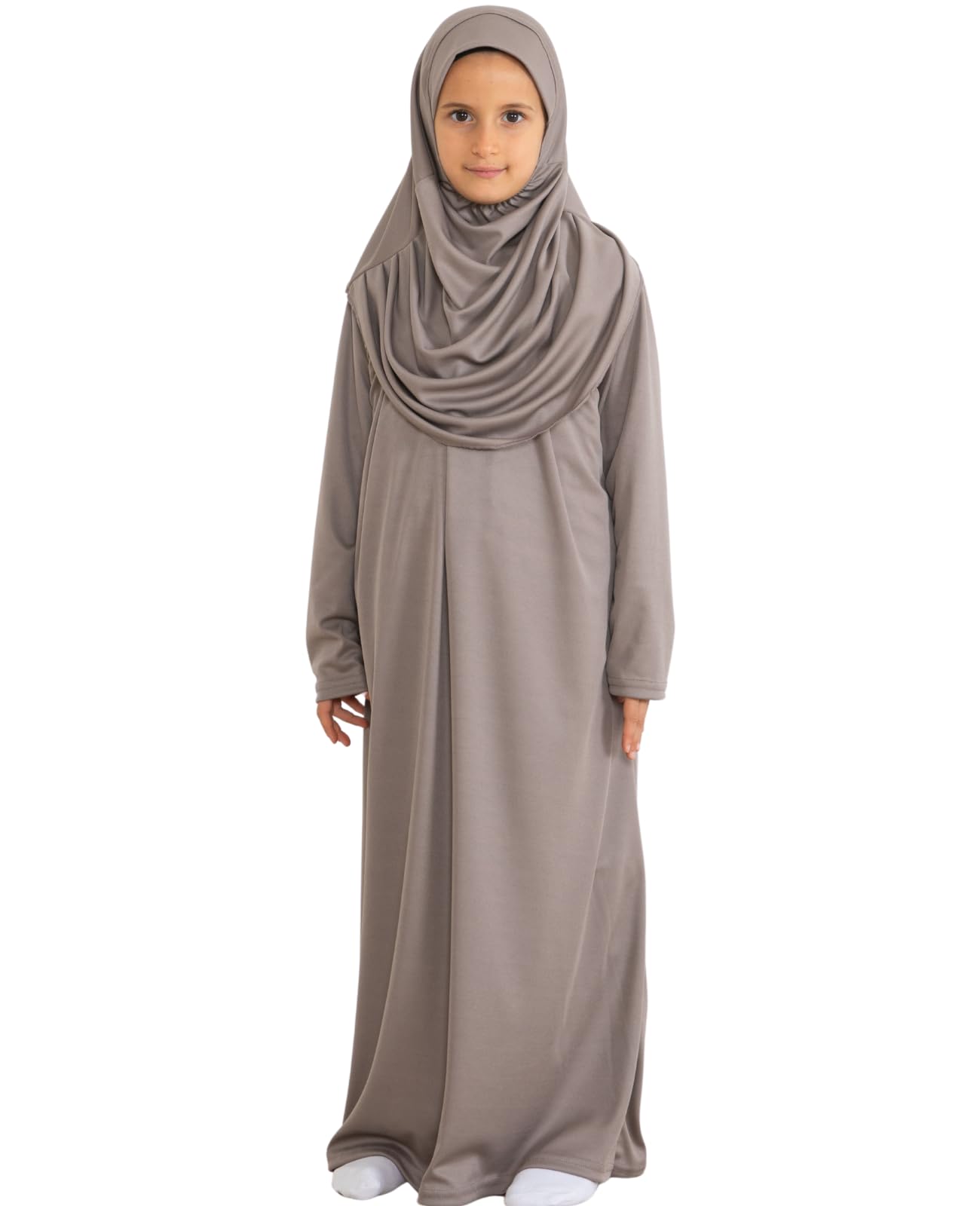 Prien Kids Prayer Dress Muslim Clothes for Girls Long Sleeve Abaya with Hijab Two Piece Maxi Islamic Set Scarf Kaftan Jilbab (Deep Mink)