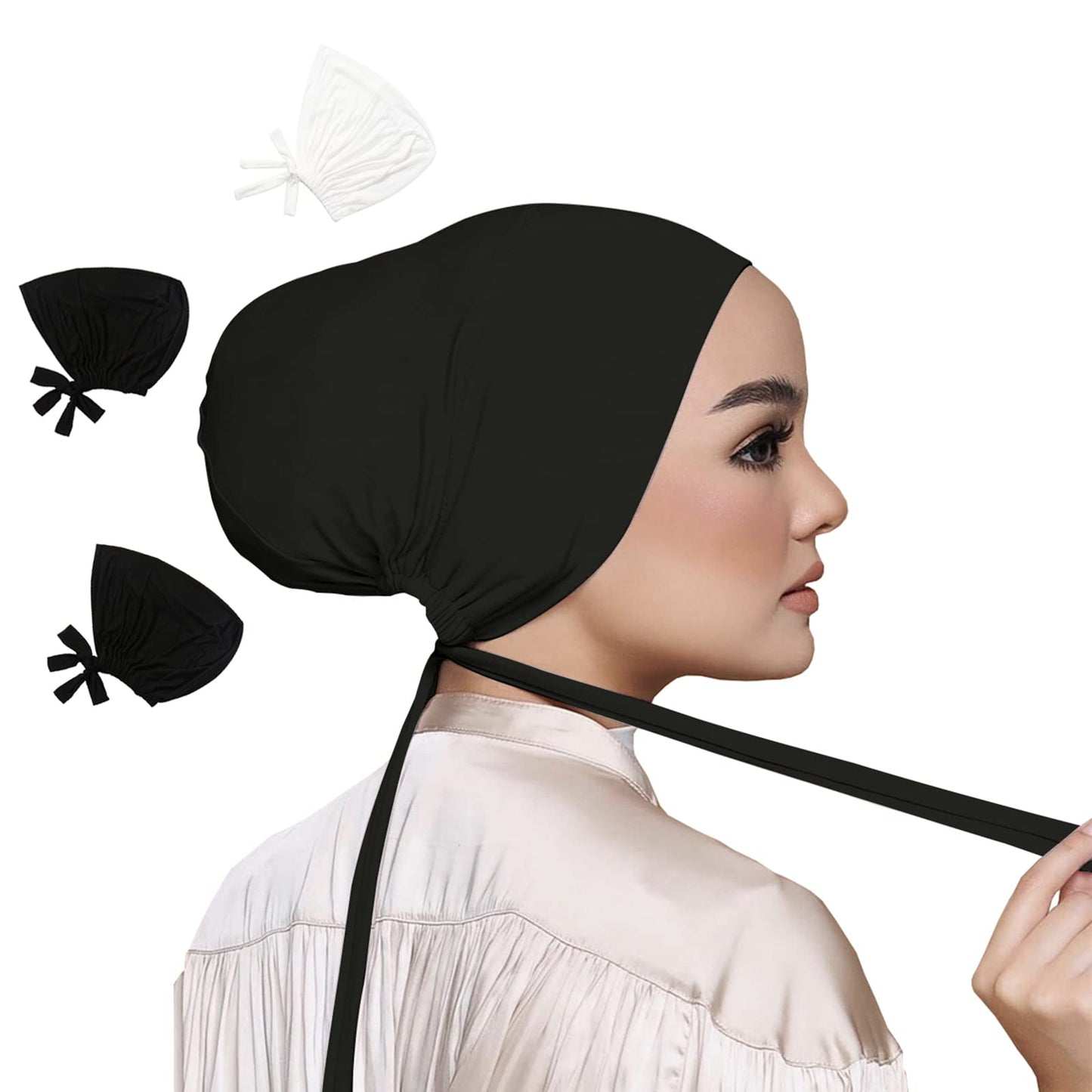 QYMY 3PCS Under Hijab Head Cap Muslim Under Scarf Hijab Cap Solid Color Women Under Scarf Hat Hijab Cap Stretchy Sleeping Cap (Black Black,White(3PCS) free size)