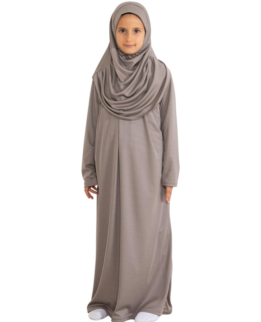 Prien Kids Prayer Dress Muslim Clothes for Girls Long Sleeve Abaya with Hijab Two Piece Maxi Islamic Set Scarf Kaftan Jilbab (Deep Mink)