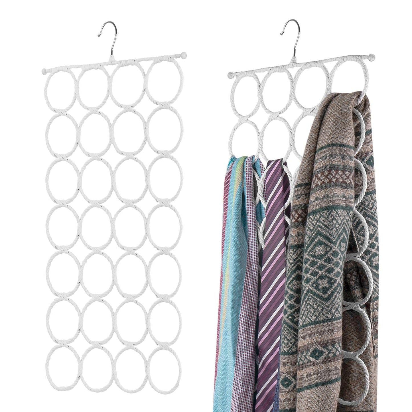 Flexzion Scarf Organizer for Closet - 28 Slot Scarf Hanger Hijab Organizer Space Saver for Socks Shawls Ties Towels Belts Multi Purpose Hanging Rack Storage 2 Pack White