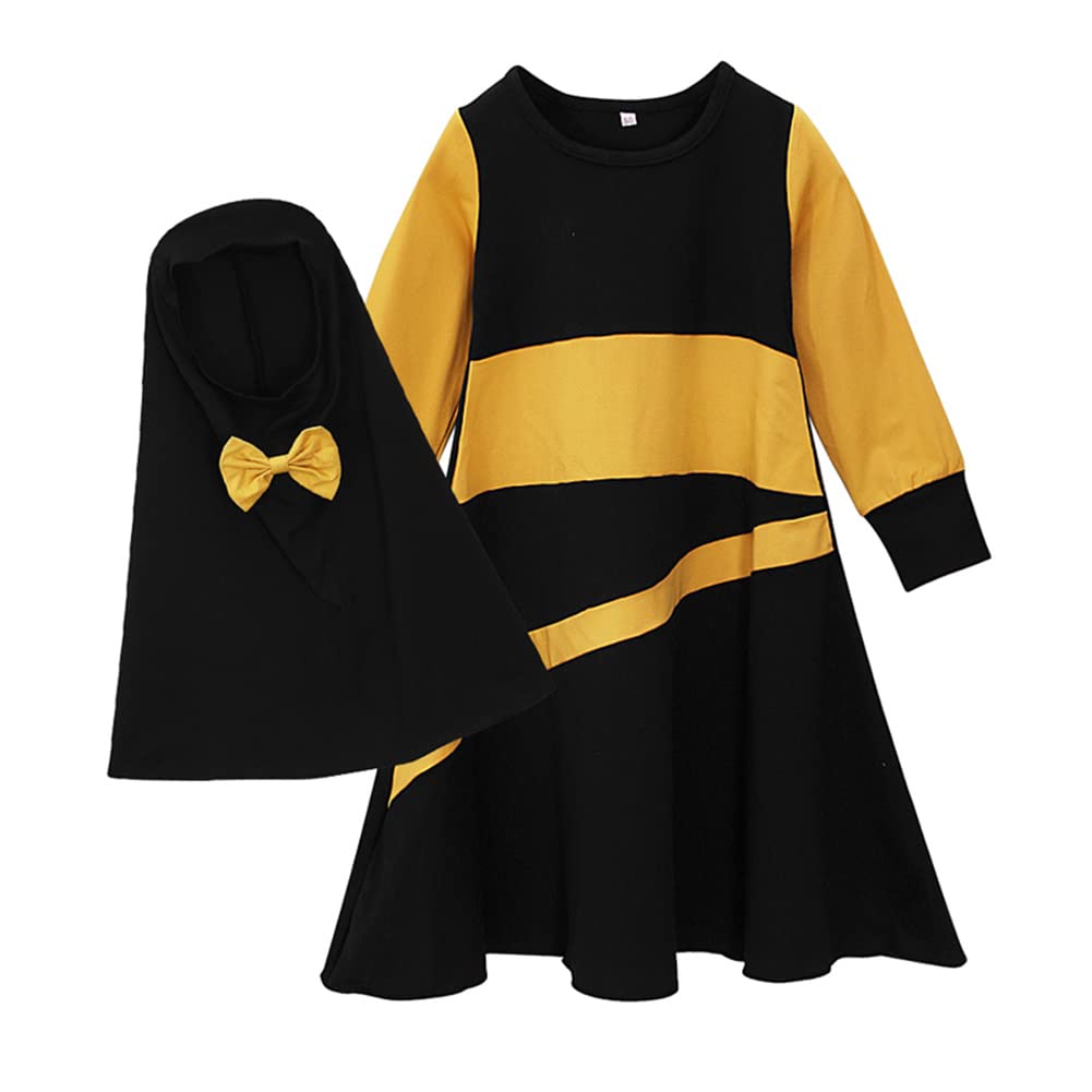 Girls Muslim Dresses for Kids Long Sleeve Color Block Islamic Dubai Robe Loose Fit Abaya Kaftan Thobe Maxi Gown with Khimar Hijab Middle East Prayer Party Long Dress Casual Clothes Black 3-4 Years