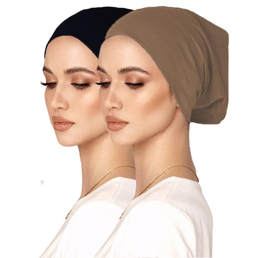 Hophor Elastic Muslim Hijab Head Covering Cotton Undercap Hijab Daily Scarf Inner Caps Chemo Headwear for Women(Black+Khaki)