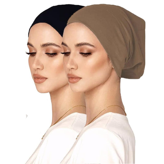 Hophor Elastic Muslim Hijab Head Covering Cotton Undercap Hijab Daily Scarf Inner Caps Chemo Headwear for Women(Black+Khaki)
