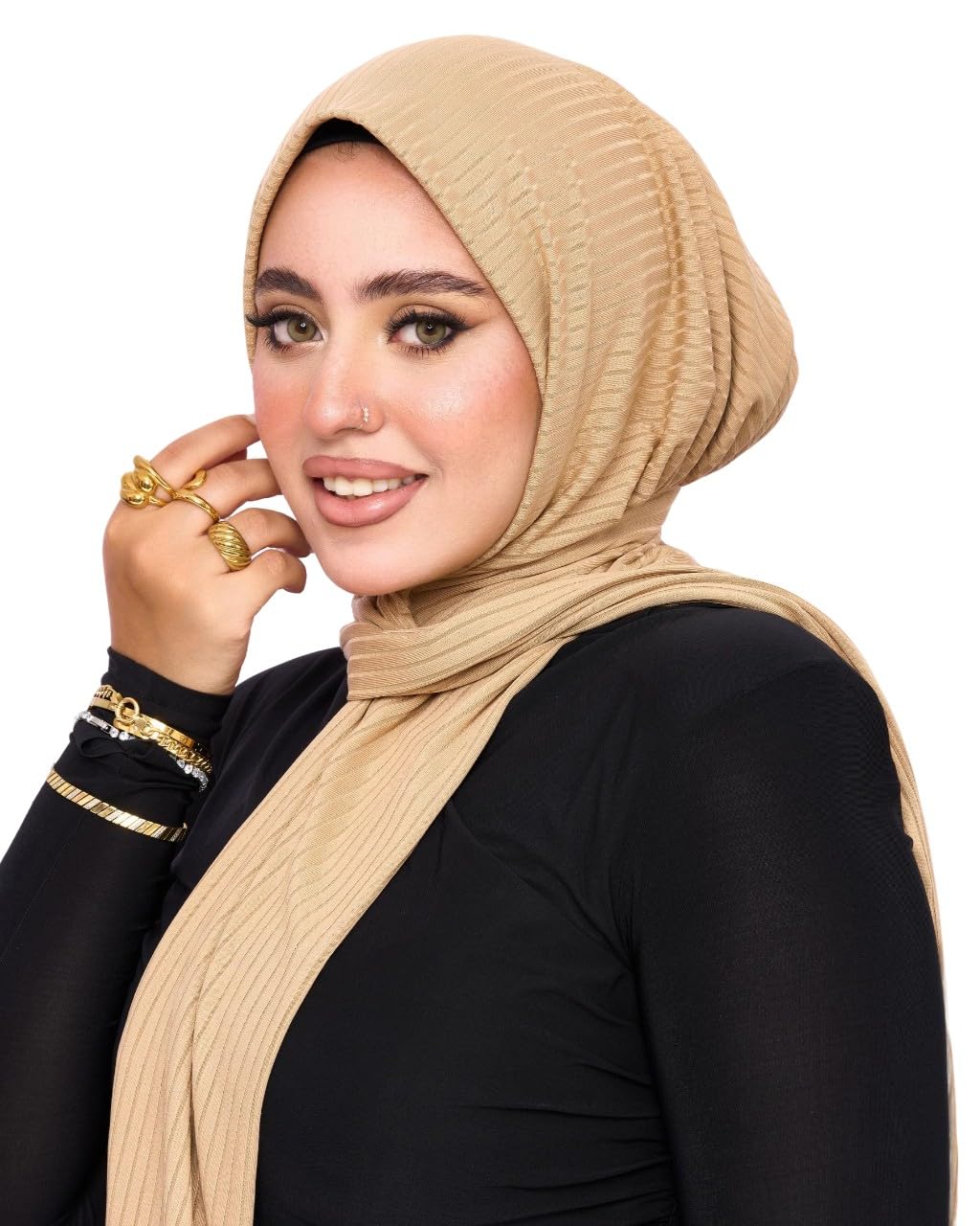 INKY Turbans Instant Hijab For Women | Head Wrap100% Cotton Rib Headscarf | Easy to Wear Hijabs with Metal Pin (Beige)