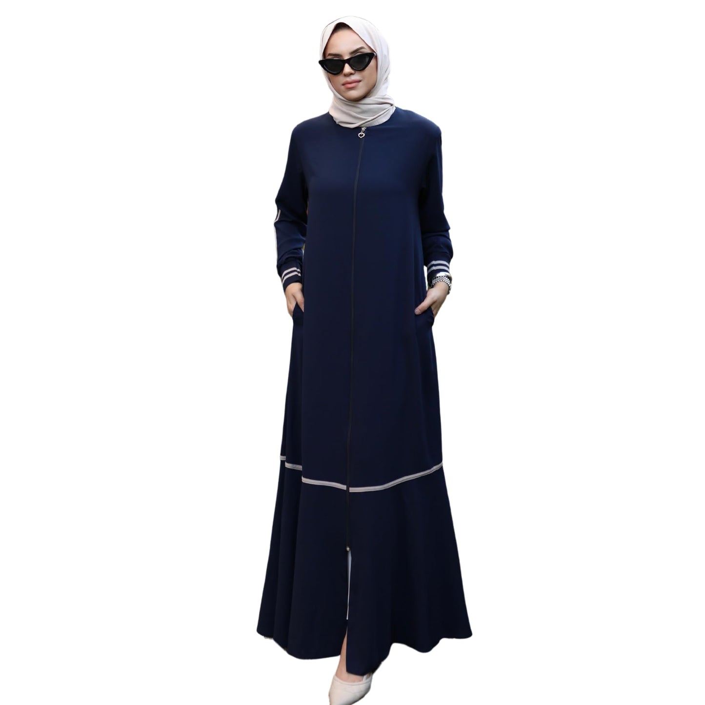 Abaya for Muslim Women Zipper and Stripe Detail on Skirt and Sleeves | Long Sleeve Dress Islamic Kaftan Hijab Robe Prayer