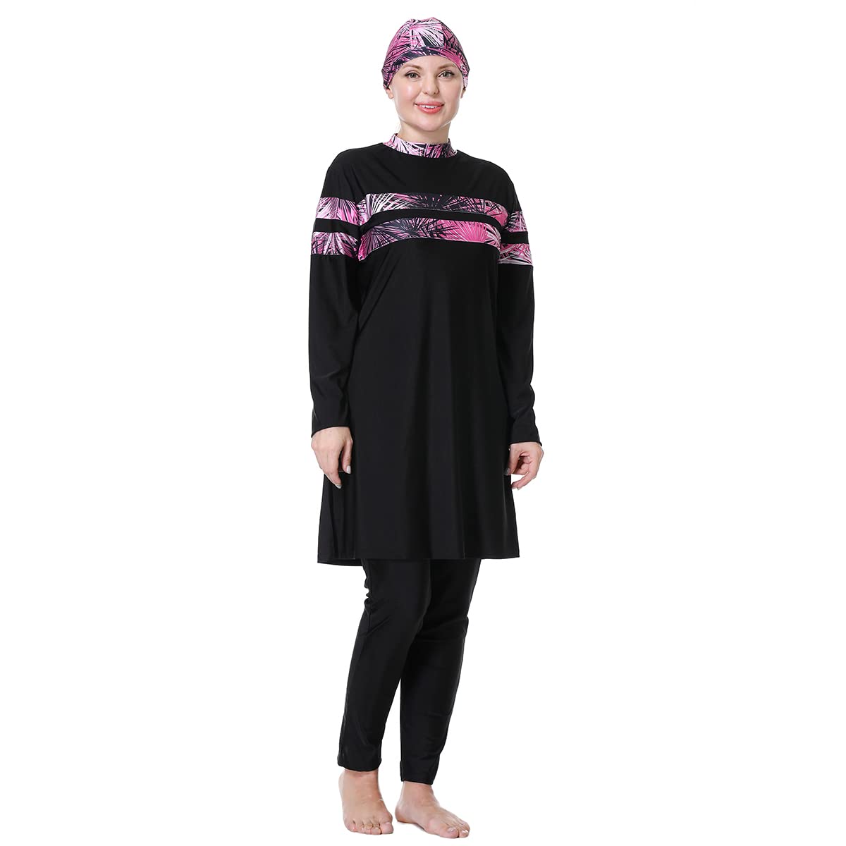 Muslim Swimsuits for Women Long Sleeve Plus Size Full Coverage Swimwear Modest Islamic Floral Print Top Swim Pants Hijab Ladies Beachwear Swimming Burkini Bathing Suit #Black Rose 4X-Large