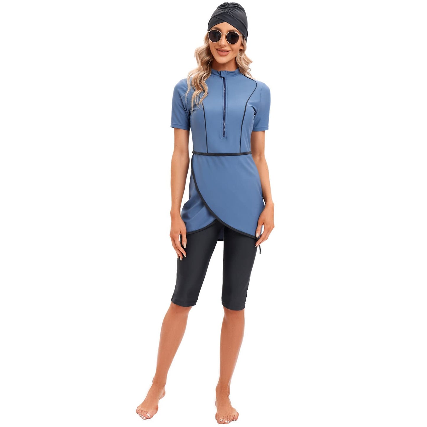 Women Modest Swimsuits Muslim Swimwear Full Cover Swimsuit Crop Short Burkini Front Zipper Swimming Top Carpi Pants Hijab 3Pcs Sun Protection Rash Guard Surfing Suit Arabic Swimming Costume Blue XL