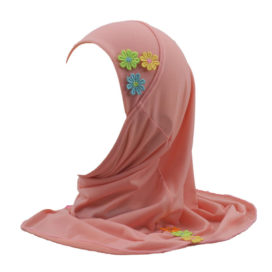 Modest Beauty Hijab Scarf Kids Girls Hijab Head Scarfs Flower Hijab for Baby (Orange Pink Small)