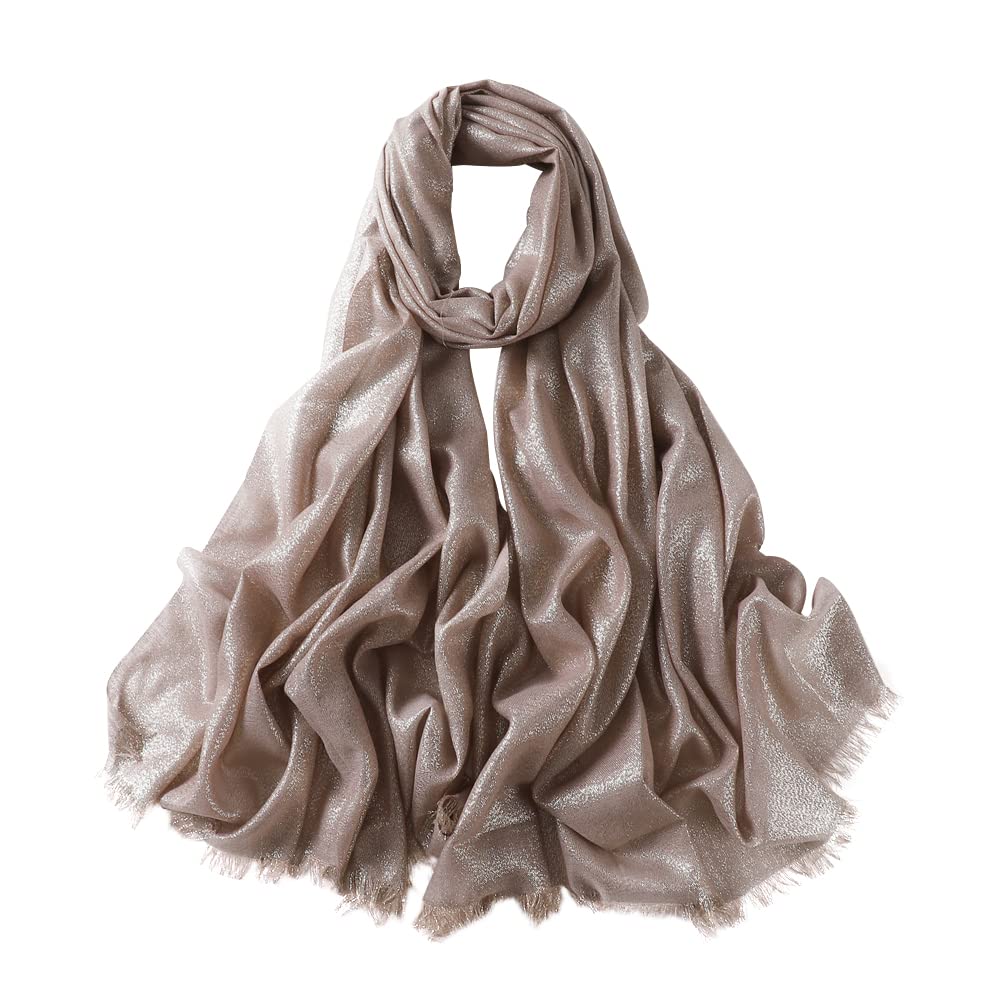 Hybeeh Sparkly Glitter Hijab Scarf for Women Shimmer Hijab Metallic Lightweight Wrap Pashmina Shawl for Women (Light Khaki)